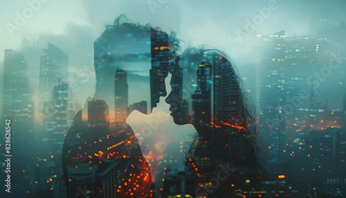 Silhouette of a couple touching foreheads with city skyline background, representing love and urban connection in a double exposure effect. © NAPATSAWAN