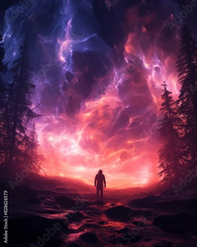 Silhouette of a person standing against a vibrant, mystical sky with neon colors and towering trees, creating an ethereal, otherworldly scene.
