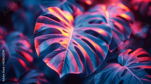 Surreal portrayal of monstera leaves with a contrasting neon glow highlighting their veins
