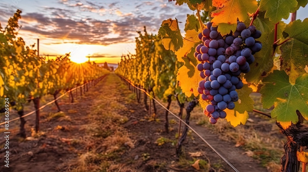 Naklejka premium Ripe grapes in vineyard at sunset, Tuscany, Italy.
