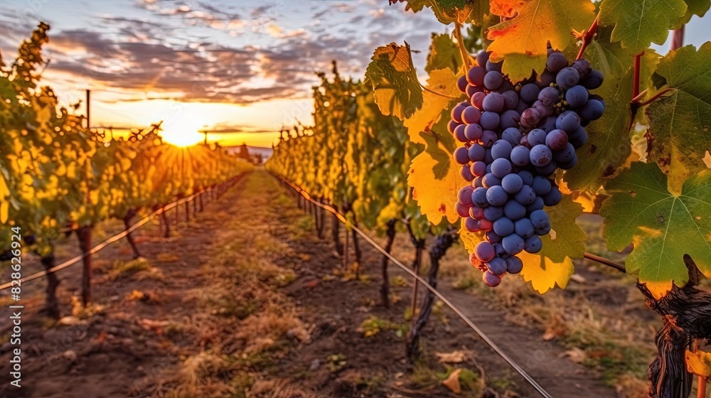 Ripe grapes in vineyard at sunset, Tuscany, Italy.