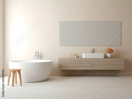 Modern and minimal Bathroom interior design  Modern minimalist bathroom interior  modern bathroom cabinet  white sink  wooden vanity  interior plants  bathroom accessories  bathtub and shower