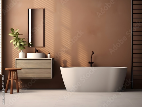 Modern and minimal Bathroom interior design  Modern minimalist bathroom interior  modern bathroom cabinet  white sink  wooden vanity  interior plants  bathroom accessories  bathtub and shower