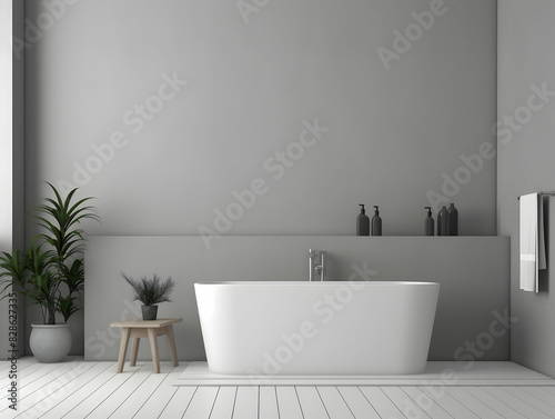 Modern and minimal Bathroom interior design  Modern minimalist bathroom interior  modern bathroom cabinet  white sink  wooden vanity  interior plants  bathroom accessories  bathtub and shower