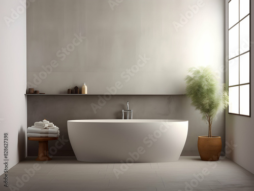 Modern and minimal Bathroom interior design  Modern minimalist bathroom interior  modern bathroom cabinet  white sink  wooden vanity  interior plants  bathroom accessories  bathtub and shower