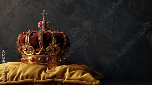 Royal Golden and Red Crown with Jewels on Golden Pillow on Copy Space Dark Background
