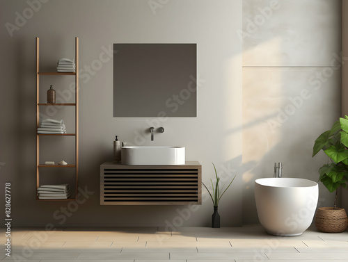 Modern and minimal Bathroom interior design  Modern minimalist bathroom interior  modern bathroom cabinet  white sink  wooden vanity  interior plants  bathroom accessories  bathtub and shower