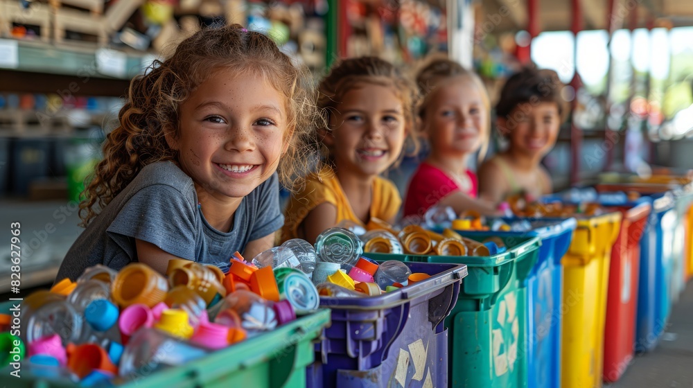 Families recycling at a community center, demonstrating simple actions that make a big impact. Encourage everyday environmental practices that everyone can adopt.