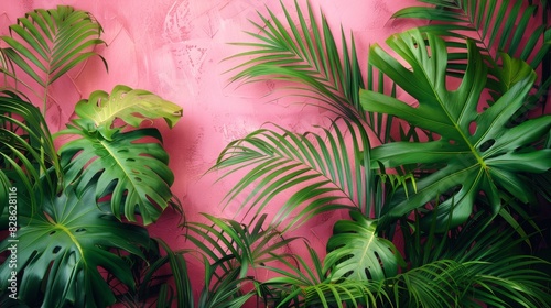 This image captures fresh green tropical plants over a pink painted wall with visible brush strokes  evoking a natural yet artistic vibe