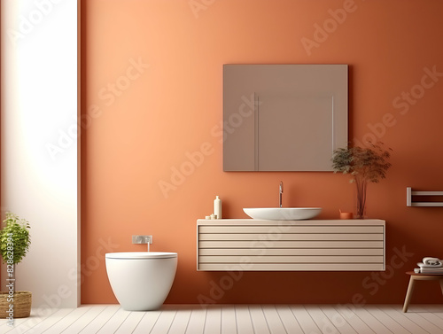 Modern and minimal Bathroom interior design  Modern minimalist bathroom interior  modern bathroom cabinet  white sink  wooden vanity  interior plants  bathroom accessories  bathtub and shower