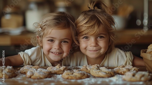 Two cheerful young girls with blonde hair smile while surrounded by homemade cookies