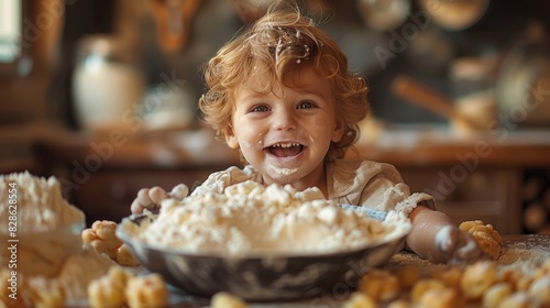 A happy toddler with curly hair laughing with a bowl of whipped cream in front of him