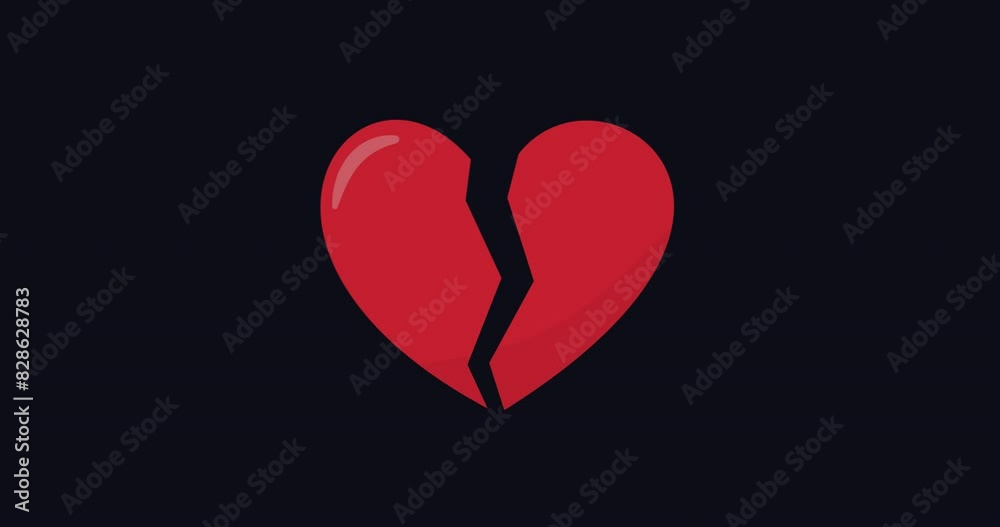 Animation icon of a broken red heart 4k on dark background. Broken heart animation. Concept of unrequited love