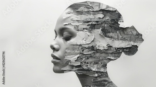 paper collage, white background, black and grey tones, a head of woman made from torn pieces of paper