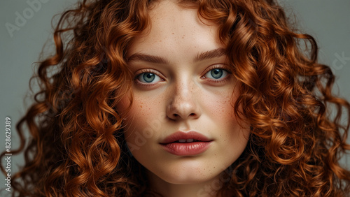 Close-up portrait of a smiling brunette model with long  curly red hair and glamorous makeup