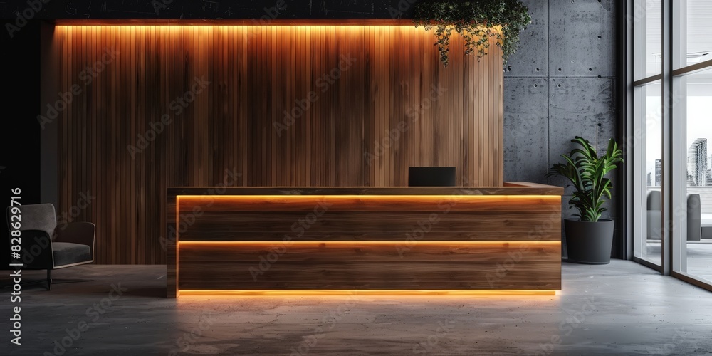 Modern reception desk with warm ambient lighting in contemporary office interior. Stylish reception desk made of dark wood in an office with concrete walls and accent lighting, Modern reception desk with warm ambient lighting in contemporary office interior. Stylish reception desk made of dark wood in an office with concrete walls and accent lighting,