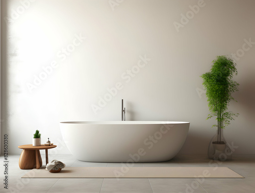 Modern and minimal Bathroom interior design, Modern minimalist bathroom interior, modern bathroom cabinet, white sink, wooden vanity, interior plants, bathroom accessories, bathtub and shower, white a