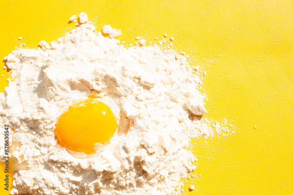 Yolk in flour on a yellow background. homemade baking. Top of view Yolk in flour on a yellow background. homemade baking. Top of view
