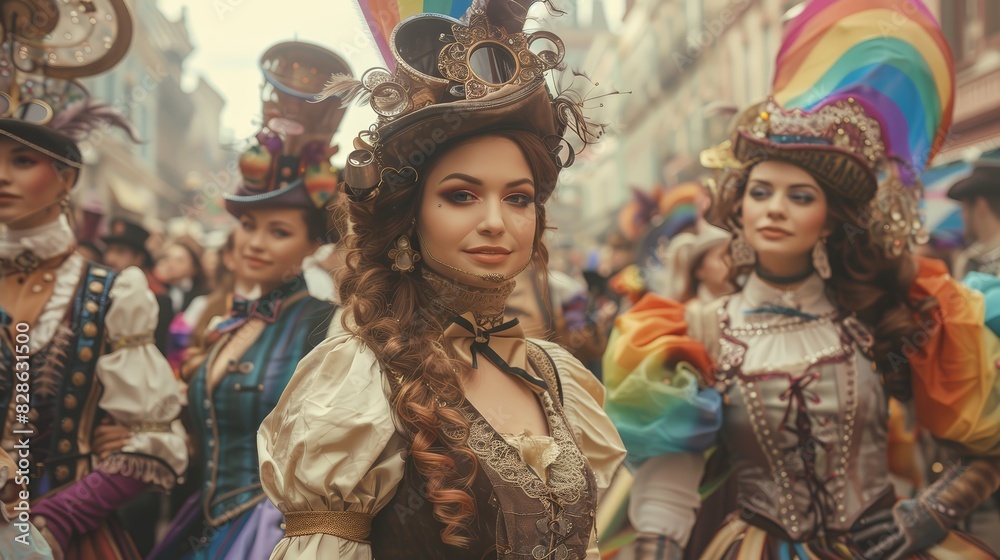 Group of steampunk people in carnival costumes posing on the street Group of steampunk people in carnival costumes posing on the street