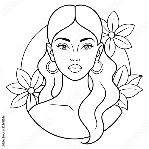 Woman face with flower. Simple, minimalist vector illustration of beautiful woman. Line drawing