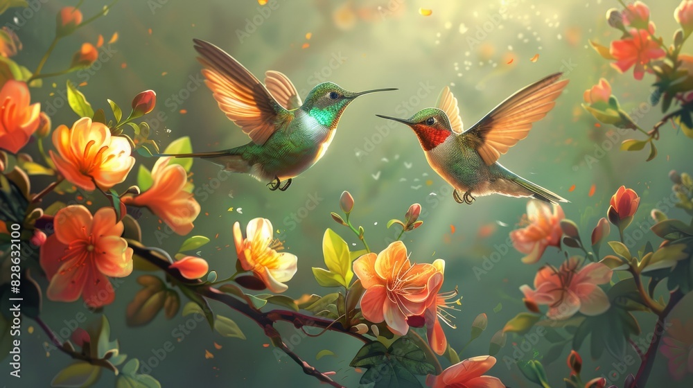 Obraz premium Beautiful hummingbirds hovering near flowers 