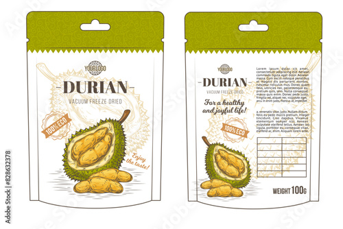 Vector illustration in design packing for durian fruit, template, moc up in style engraving