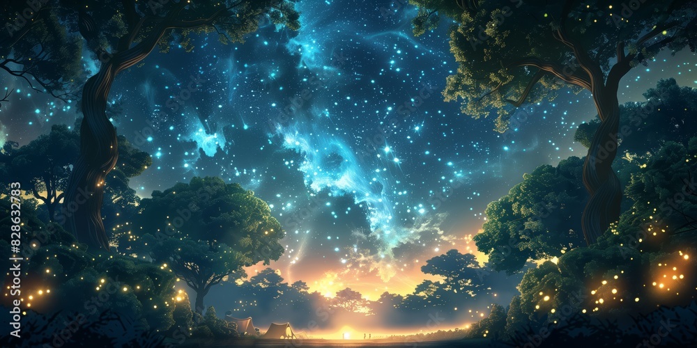 Obraz premium A campfire surrounded by tents in a serene forest, illuminated by the glow of the fire and the sparkling night sky filled with countless stars.