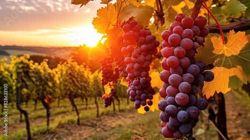 Ripe grapes in vineyard at sunset in Tuscany, Italy. Ripe red wine grapes in vineyard ready to harvest, close up.