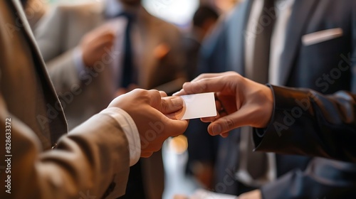 Professionals exchanging business cards at a crowded venue.