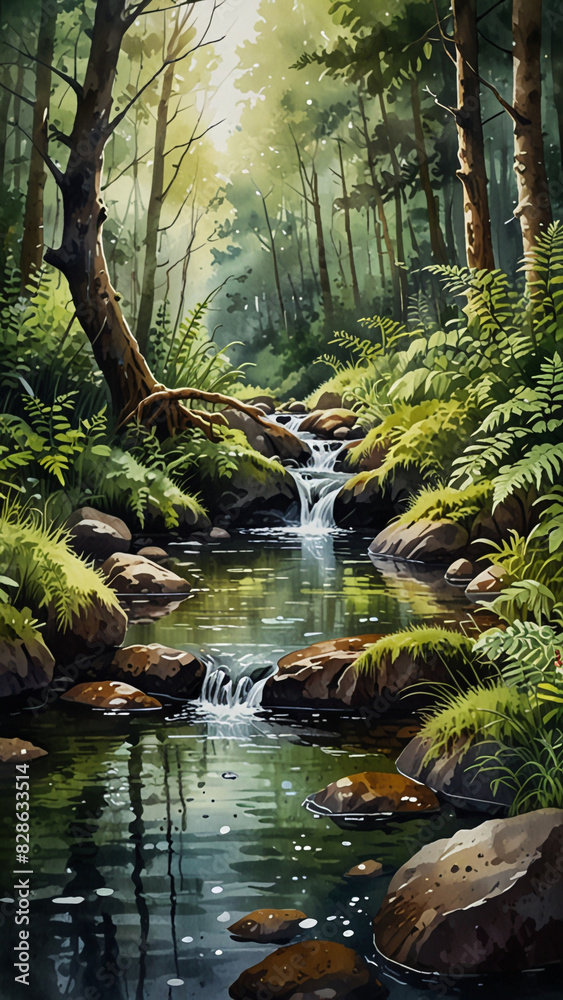 Fototapeta premium Watercolor painting: A babbling forest stream, with mossy rocks and ferns, providing a vital water source for the surrounding ecosystem,