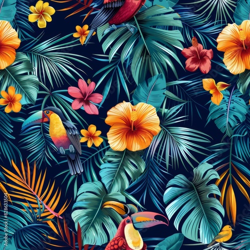 A vibrant vector illustration of tropical leaves, flowers and birds on a dark background. seamless pattern.