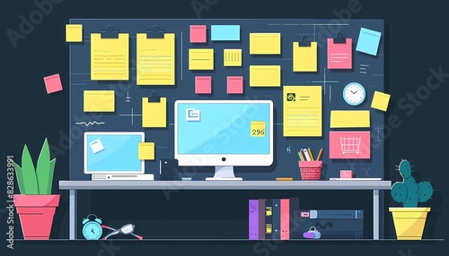 Visualize a flat design of a project planning board with sticky notes