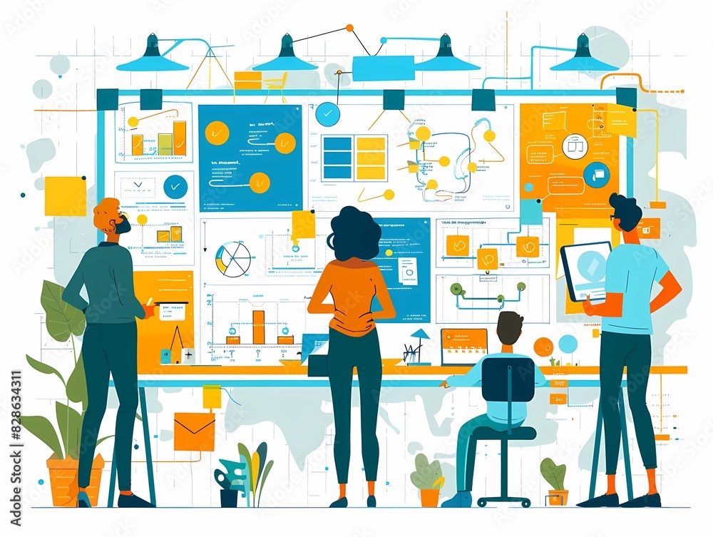 Visualize a flat design of a project communication plan