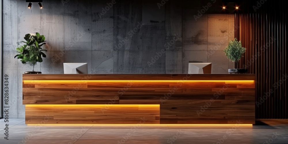 Modern reception desk with warm ambient lighting in contemporary office interior. Stylish reception desk made of dark wood in an office with concrete walls and accent lighting, Modern reception desk with warm ambient lighting in contemporary office interior. Stylish reception desk made of dark wood in an office with concrete walls and accent lighting,