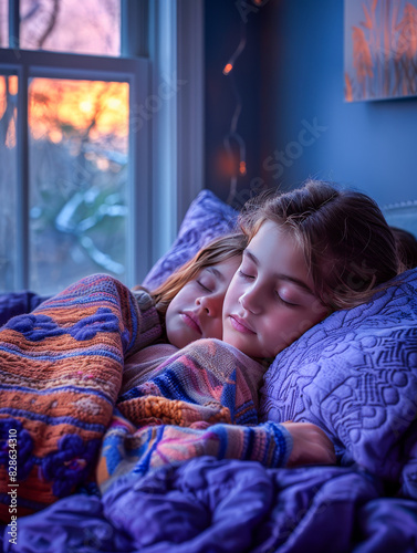 Sleeping in the Night.  Generated Image.  A digital rendering of a girl peacefully sleeping in the night safe in her bed.