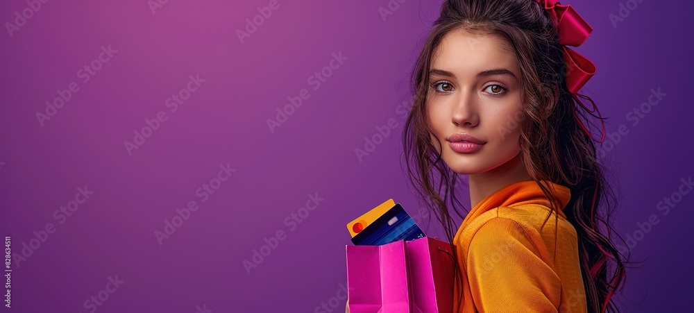 Young woman with shopping bags. A beautiful young woman in a yellow sweater holding colorful shopping bags against a vibrant purple background. Young woman with shopping bags. A beautiful young woman in a yellow sweater holding colorful shopping bags against a vibrant purple background.