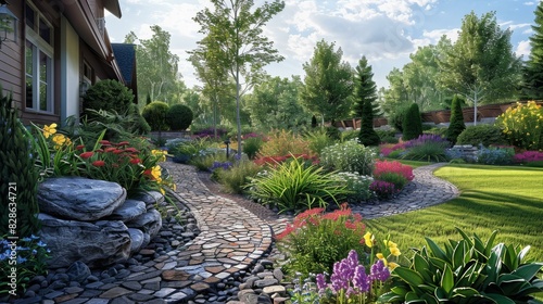 Colorful Garden with Cobblestone Path and Lush Greenery