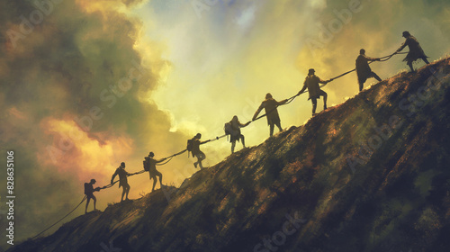 Artistic representation of a team working together to climb a steep hill