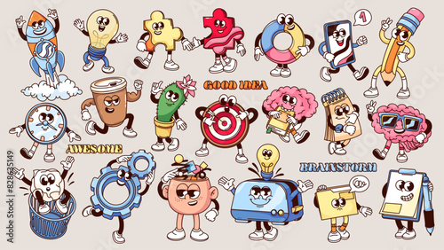 Groovy cartoon characters of creative ideas and planning set. Funny retro comic personages and sticker collection, cartoon creative brainstorm and thinking mascots in 70s 80s style vector illustration