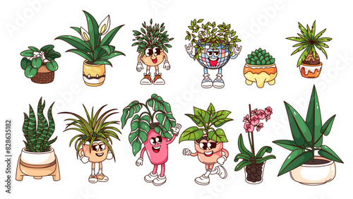 Groovy plants of home garden cartoon characters and stickers set. Funny retro happy flowers and plants, indoor houseplant mascots and cartoon personages collection of 70s 80s style vector illustration