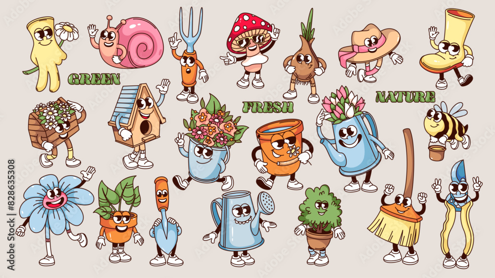 Fototapeta premium Groovy gardening tools cartoon characters and garden plants set. Funny retro garden works and nature care comic mascots collection, cartoon typography stickers of 70s 80s style vector illustration