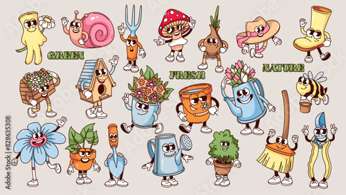 Groovy gardening tools cartoon characters and garden plants set. Funny retro garden works and nature care comic mascots collection, cartoon typography stickers of 70s 80s style vector illustration