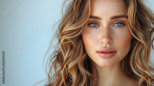 Close-up portrait of a beautiful young woman with stunning blue eyes and freckles against a light background