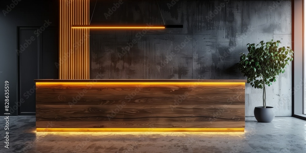 Modern reception desk with warm ambient lighting in contemporary office interior. Stylish reception desk made of dark wood in an office with concrete walls and accent lighting, Modern reception desk with warm ambient lighting in contemporary office interior. Stylish reception desk made of dark wood in an office with concrete walls and accent lighting,