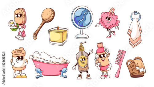 Groovy hygiene cartoon characters and stickers set. Funny retro bath brush and bathtub, shower gel bottle and towel, cartoon bathroom hygiene mascots collection of 70s 80s style vector illustration