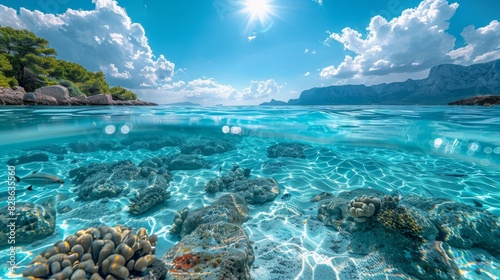 Underwater view of a crystal clear turquoise sea with visible sunbeams and coral reef