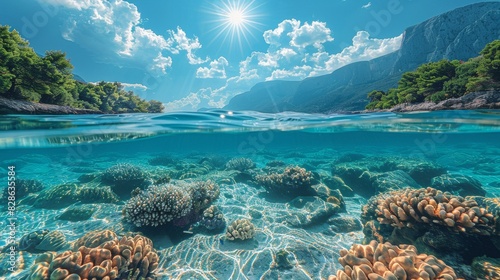 An idyllic underwater seascape with vibrant coral life and mountains under a sunny sky