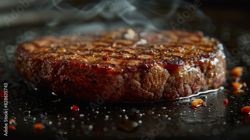A close-up captures a succulent grilled steak with smoke rising, indicating it's freshly cooked photo