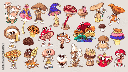 Groovy psychedelic mushrooms cartoon characters and stickers set. Funny retro magic trippy collection of forest fungus, toadstools. Crazy cartoon mushroom mascots of 70s 80s style vector illustration