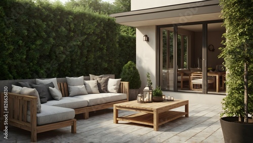 Cozy patio area with garden furniture 3d render